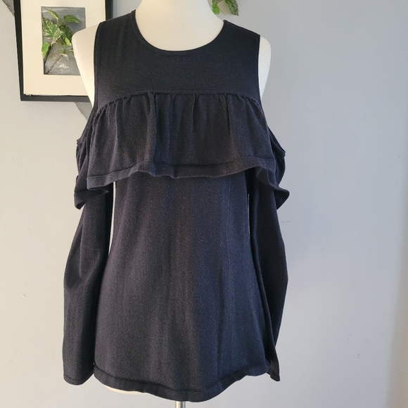 Lilly Pulitzer Burke Onyx Metallic Pullover Cold Shoulder Ruffle Sweater Black M - Picture 2 of 10